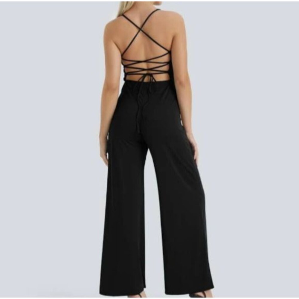 Halara Silky Stretchy Spaghetti Strap Crisscross Backless Wide Leg Jumpsuit XL